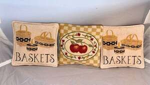 Set of 3 Vtg Country Farmhouse Tapestry Mini Accent Pillows Apples and Baskets